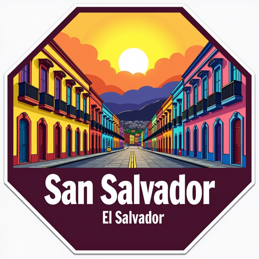 San Salvador Travel Sticker with Colorful Cityscape Design