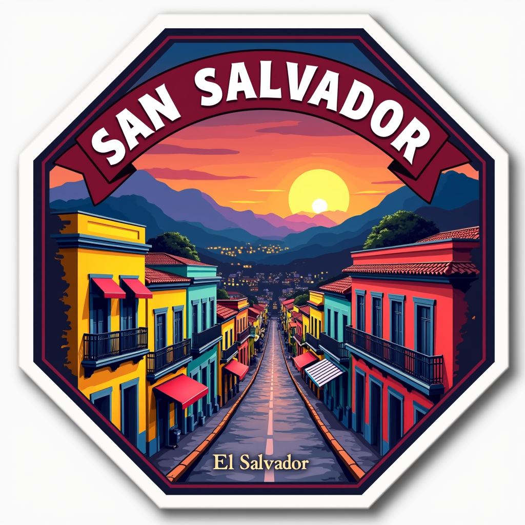 San Salvador Travel Sticker with Colorful Cityscape Design
