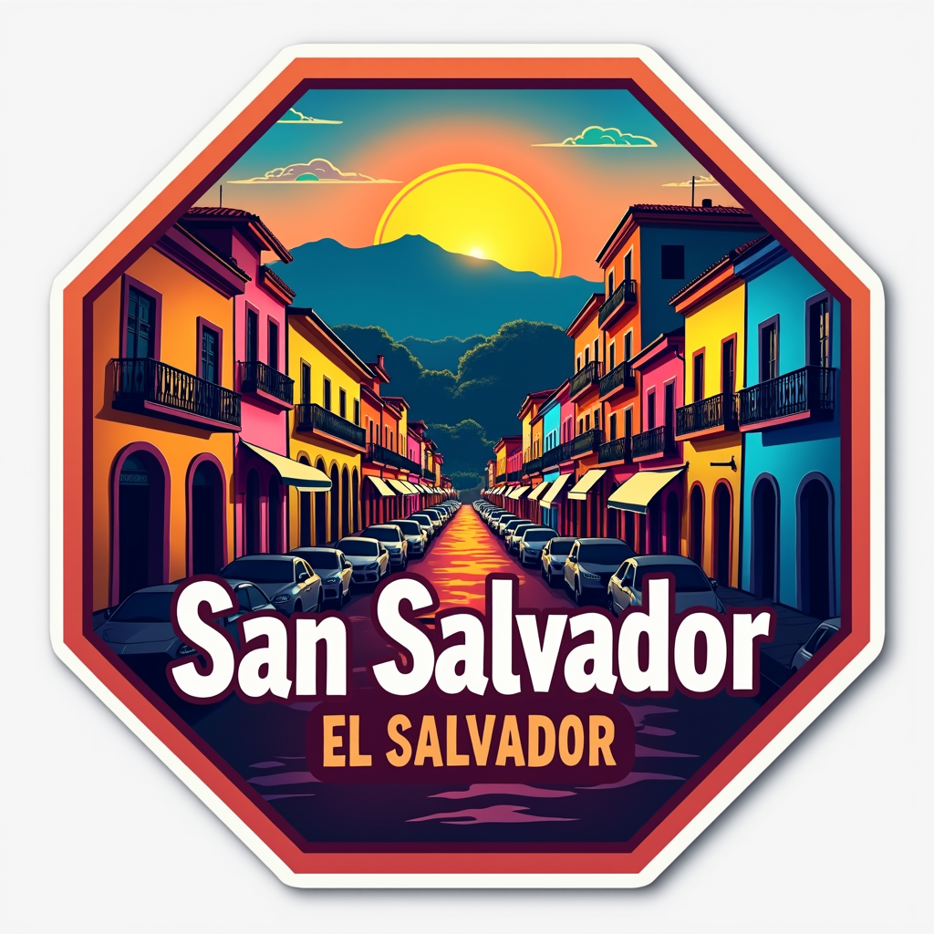 San Salvador Travel Sticker with Colorful Cityscape Design