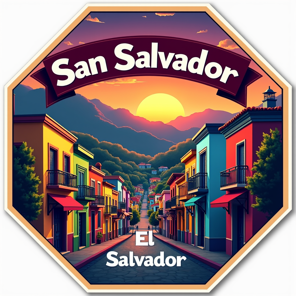 San Salvador Travel Sticker with Colorful Cityscape Design