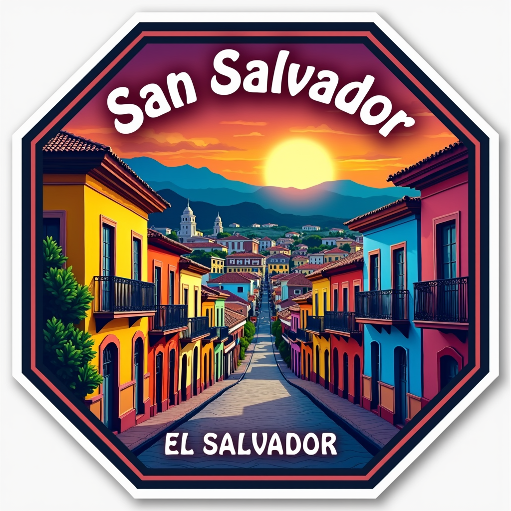 San Salvador Travel Sticker with Colorful Cityscape Design