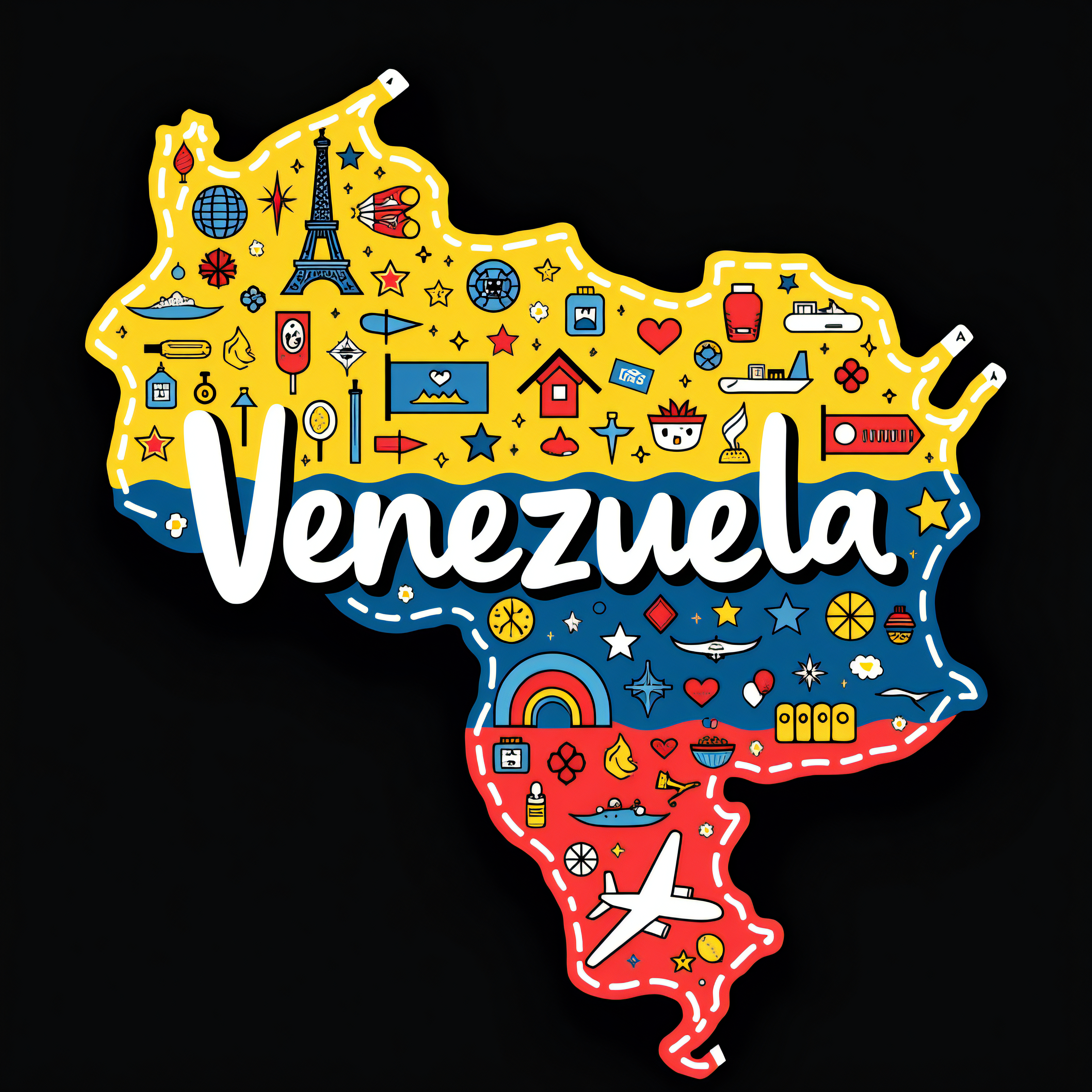 Colorful Venezuela Map Design with Iconic Symbols